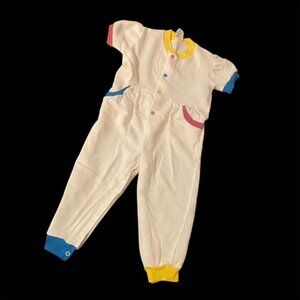 Vtg Tiny Finery White Romper Colorblock Trim Buttons Red Blue Yellow Green 24 Mo